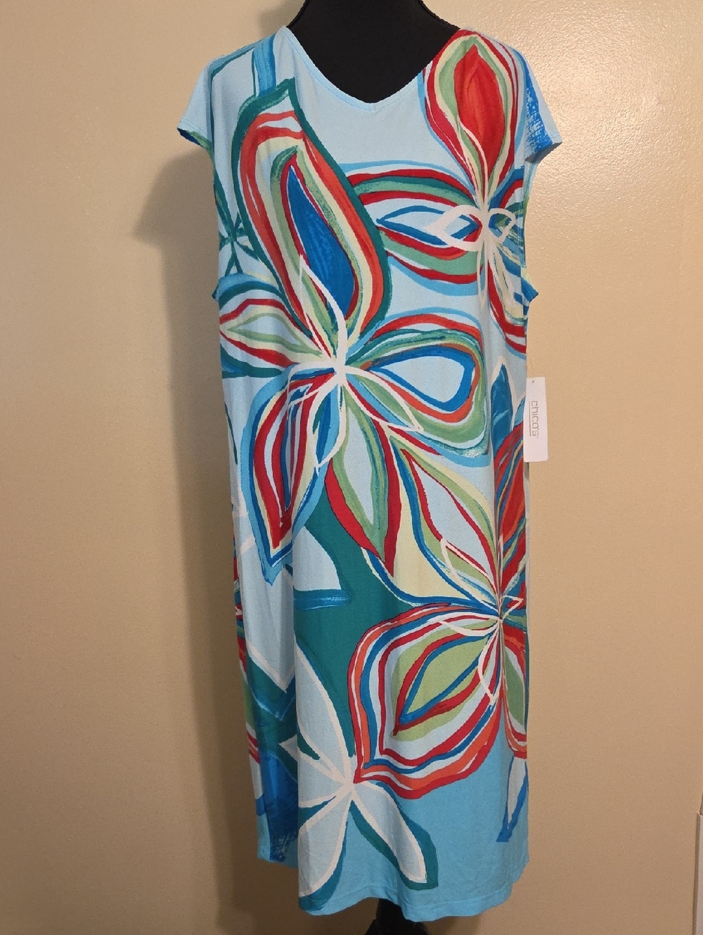 NWT Chicos Blue Abstract Colorful Floral Casual Shift Dress Summer Vacay Size 12